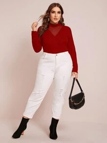 SHEIN Privé 大码女式网眼撞色长袖紧身衣 - 紅色 - 查看 5