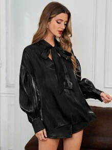 SHEIN Frenchy 黑色襯衫帶子打結款 - 黑色 - 查看 6