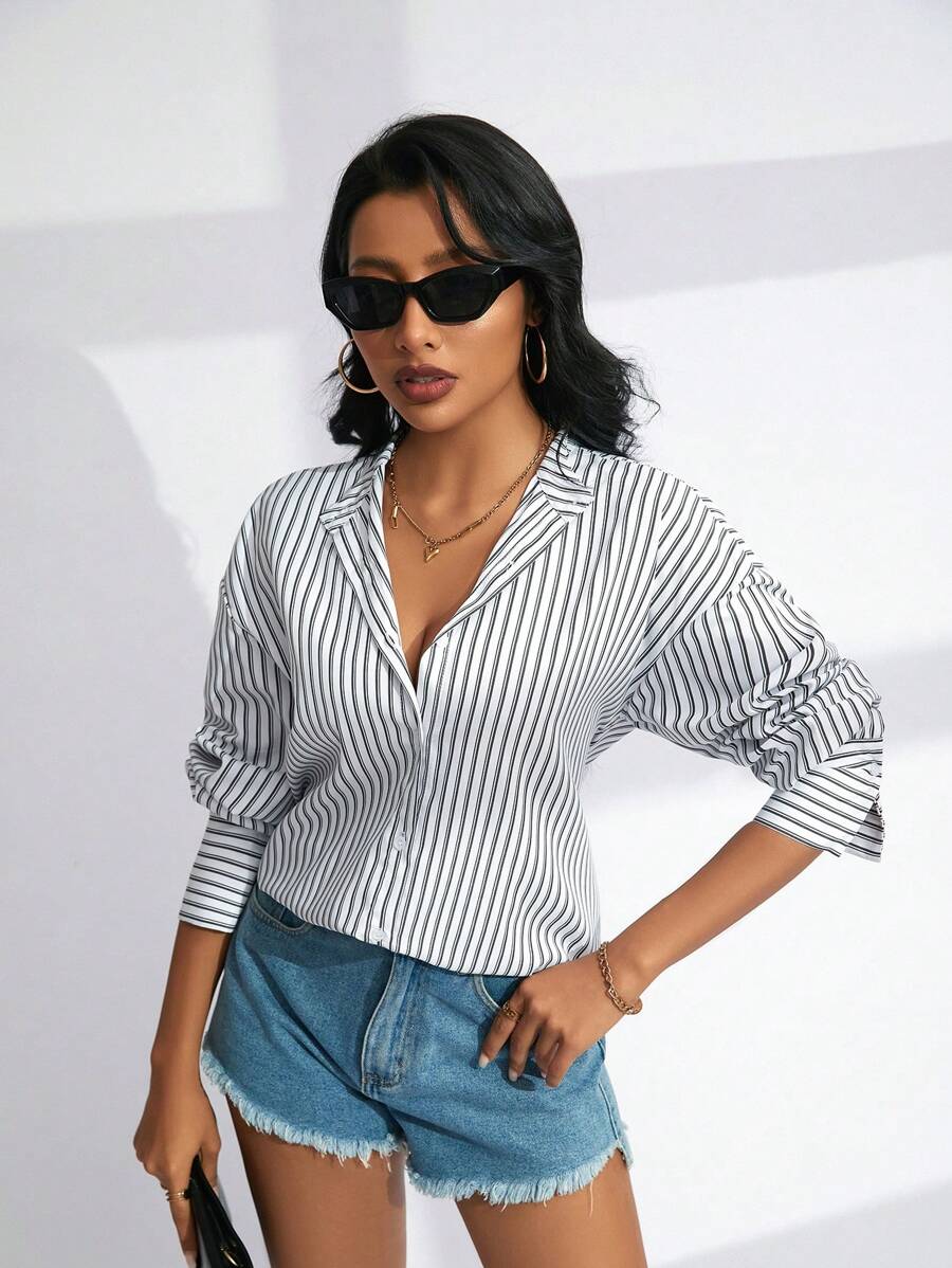 GENKIRA Women's Striped Long Sleeve Button Up Shirt Fall Cloth For Women - Black and White - View 1