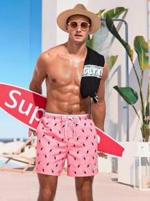 Surfspeed Men's Bird Print Drawstring Waist Beach Shorts - Pink - View 4