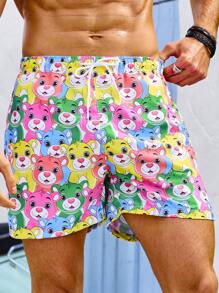 Manfinity Quần short đi biển mùa hè in hoạt hình cho nam có dây rút ở eo - Nhiều màu - Xem 4