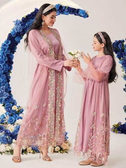 Al Najma 1set Women's Round Neck Long Sleeve Dress And Embroidered Mesh Jacket 2 Piece Set Fall Cloth For Women