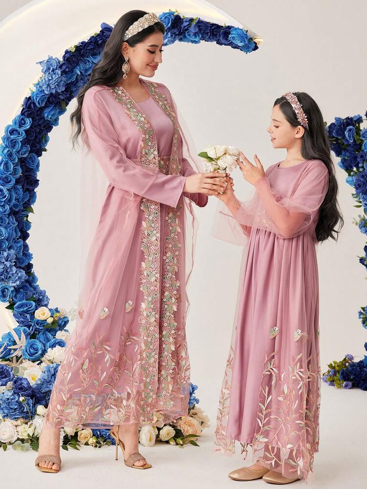 1set Women's Round Neck Long Sleeve Dress And Embroidered Mesh Jacket 2 Piece Set Fall Cloth For Women