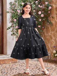 SHEIN 女童荷叶领半袖荷叶边花边连衣裙，母女同款服装（每件单独出售） - 黑色 - 查看 7