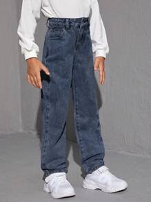 SHEIN Tween Girl'S Sun Face Print Denim Pants - Dark Wash - View 3