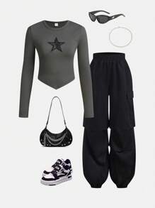 SHEIN Girlism 2 Peças/conjunto De Camiseta Teen Girls Manga Curta Com Padrão De Estrelas Em Malha Canelada E Calça Cargo Casual