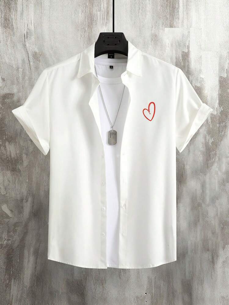 Men's Short Sleeve Heart Print Shirt