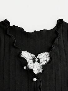 SHEIN 少女肋紋短袖T恤，蕾絲拼接款式 - 黑色 - 查看 3