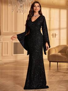 UNITHORSE Vestido de Senhora Preto com Lantejoulas e Mangas Flare, Vestido de Festa, Vestido de Convidada de Casamento, Vestido Formal, Vestido de Noite, Vestido de Noiva, - Preto - Ver 4