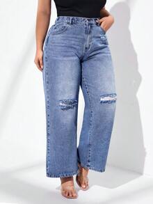 SHEIN Essnce Plus Ripped Wide Leg Jeans - Medium Wash - View 4