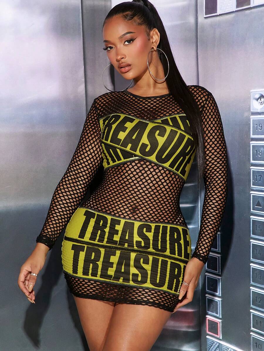 SHEIN SXY 女款字母印花透明網眼鏤空連身裙 - 彩色 - 查看 1