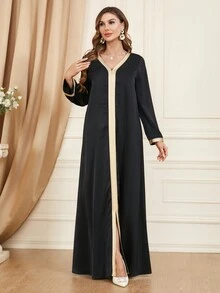 Ladies' Arabian Chiffon Dress With Golden Print, 2pcs/Set Modest Long Sleeve Kaftan Arabian Dress Spring Vacation Black - Black - View 3