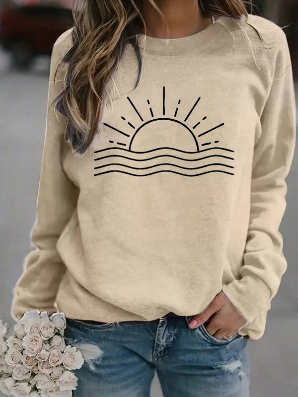 Casual Sun Print Round Neck Fleece Sweatshirt, Autumn/Winter