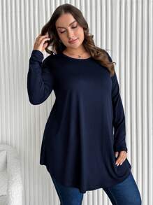 SHEIN Cottnline Plus Size Solid Color Arc Hem T-Shirt - Navy Blue - View 4