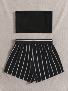 Soleia Women's Front Tie Strapless Top And Striped Woven Shorts Set