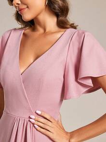 Elegant Ruffle Sleeve V-Neck Shiny Fabric Bridesmaid Dress - Pink - View 4