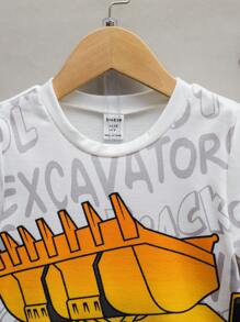SHEIN Young Boys' Excavator & Letter Print T-Shirt And Shorts Two Pieces Set - Light Grey - View 3