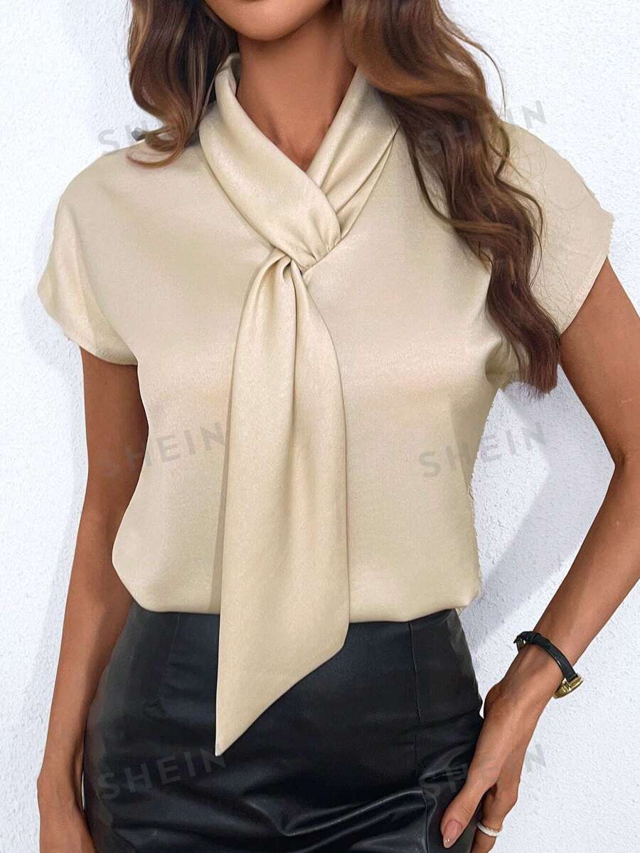 EMERY ROSE Camisa De Cuello Con Corbata De Color Sólido - Albaricoque - Ver 1