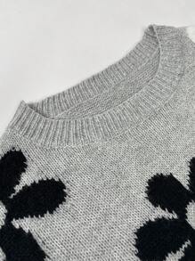 Suéter holgado de cuello redondo, manga larga y caída de hombros con estampado floral, para uso casual en otoño/invierno