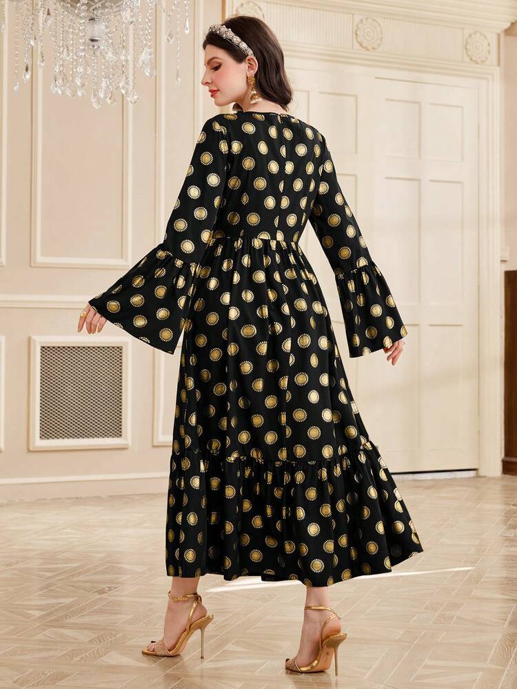 Women's Metallic Printing Patchwork Sparkly Embroidery Bell Sleeve Jalabiya Traditional Dress, Elegant Luxury Evening Party Style, For Gargee'an/Foundation Day/Festival Fall Cloth For Women