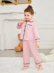 SHEIN Leap Crew Trẻ Cô gái Khối màu Lỏng lẻo phù hợp Áo Với Viền tương phản Và Quần Trang phục mặc nhà Bộ - Màu Hồng baby - Xem 4