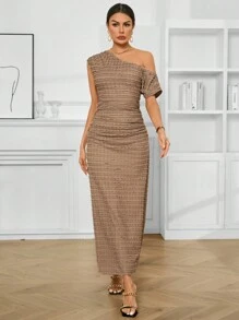 GENKIRA Oblique Shoulder Women's Dress - Camel - View 4