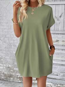 INAWLY Loose-Fit Batwing Sleeve Solid Color Round Neck Dress - Lime Green - View 4