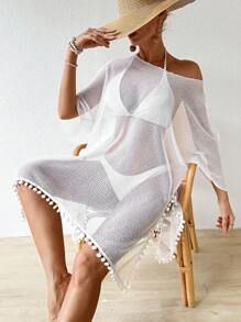 SHEIN Swim 1pc Pom-Pom Color Block Batwing Sleeve Cover-Up Dress Wedding Summer