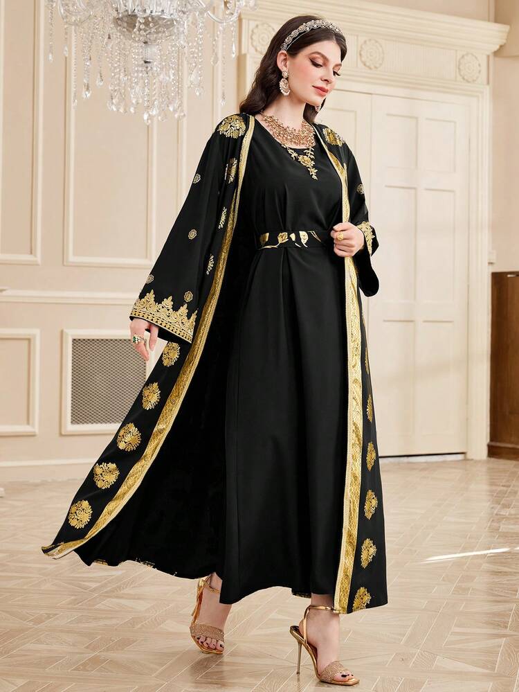 Women's Gold Floral Printed Embroidery Jacket And Dress Set, Modest Full Length Kaftan Set 2 Piece Set