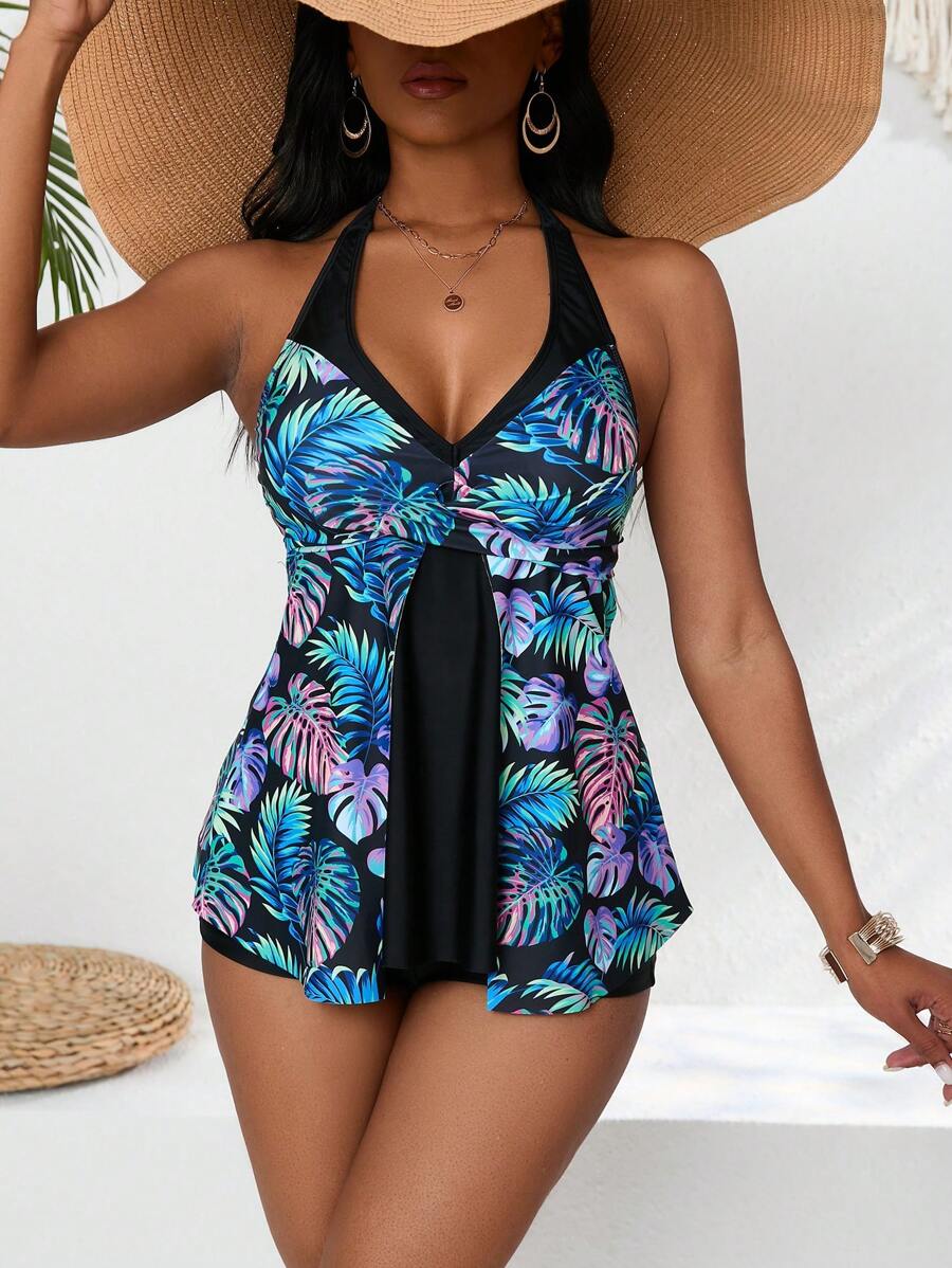 Swim Lushoire Conjunto de tankini de traje de baño de mujer con top halter con estampado tropical por parches y shorts lisos, para verano, viajes, vacaciones, piscina - Multicolor - Ver 1