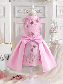 Vestido Rosado De Jacquard Para Niña Con Estrellas, Cuello De Lazo, Estilo De Princesa, Ideal Para Fiesta De Cumpleaños/fiesta/boda/festival/actuaciones