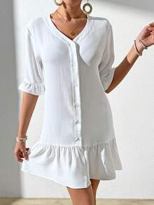 SHEIN VCAY 女式荷葉邊單排釦前衣領上衣 - 白色 - 查看 4