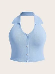 SHEIN Qutie 曲線斜v領針織上衣 - 淺藍色 - 查看 1