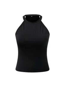Chiquease 2pcs/Set Solid Color Halter Top And Paper Bag Waist Shorts, With All-Over Print And Random Cut - Black - View 4
