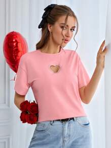SHEIN Essnce 情人節粉色心形剪裁短袖t恤,春季綴有閃閃發光的水晶鑽 - 粉色 - 查看 5