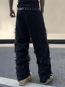 Manfinity EMRG Loose Fit Men's Solid Color Frayed Edge Jeans Without Belt, Grunge - Black - View 2