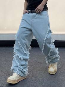 Manfinity EMRG 鬆身男士實色牛仔褲，破損邊緣，無腰帶 - 藍色 - 查看 6