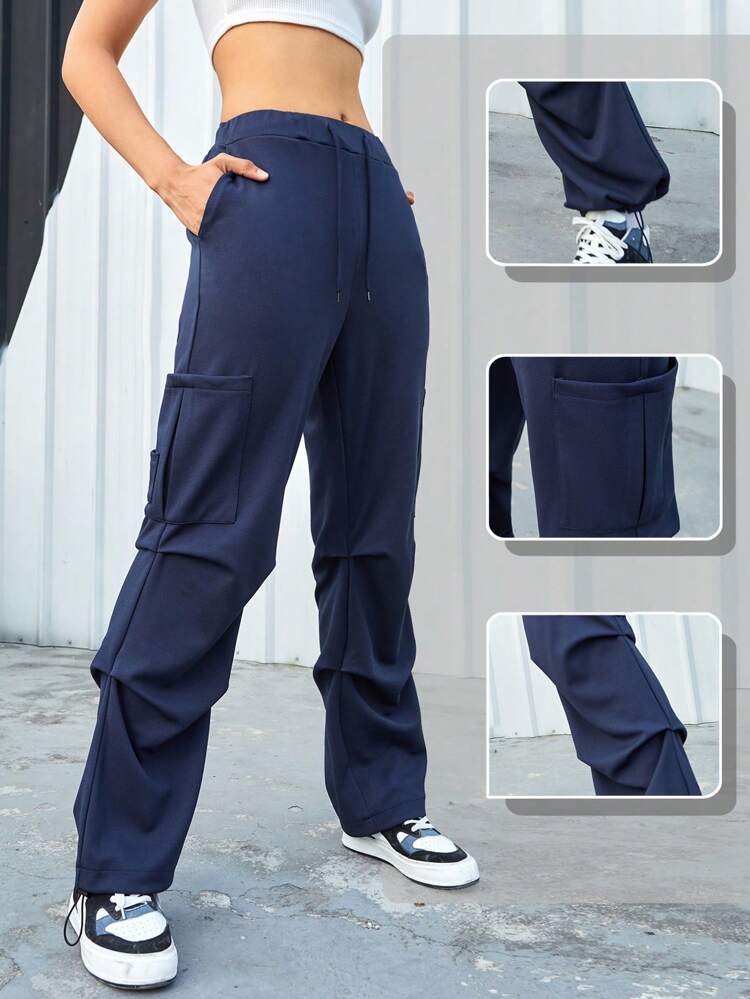 Solid Color Drawstring Waist Sports Pants