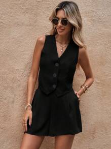 SHEIN LUNE 女款單排扣背心寬鬆短褲 2 件套 - 黑色 - 查看 5