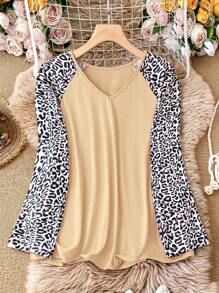 SHEIN LUNE 女款大尺碼豹紋插肩袖 T 卹