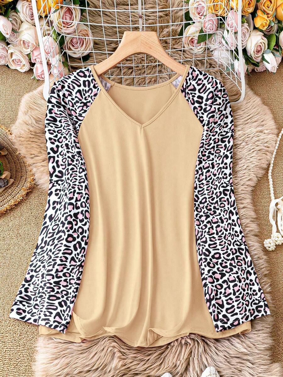 SHEIN LUNE 女款大尺碼豹紋插肩袖 T 卹