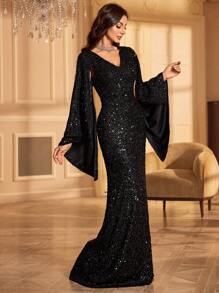 UNITHORSE Vestido de Senhora Preto com Lantejoulas e Mangas Flare, Vestido de Festa, Vestido de Convidada de Casamento, Vestido Formal, Vestido de Noite, Vestido de Noiva, - Preto - Ver 3
