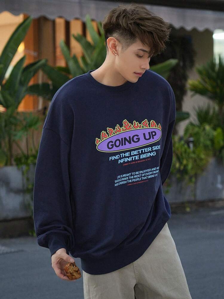 Men's Letter Print Crewneck Sweatshirt For Autumn/Winter