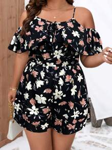 SHEIN Clasi Mono de verano con estampado floral completo, tirantes y volantes en el bajo para tallas grandes