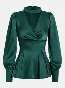 SHEIN Lady Women'S Keyhole Neckline Long Sleeve Blouse - Dark Green - View 7