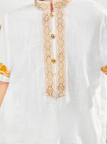 SHEIN Camisa casual de cuello alto con parches tejidos para niños, conjunto de atuendo para hermanos - Blanco - Ver 3