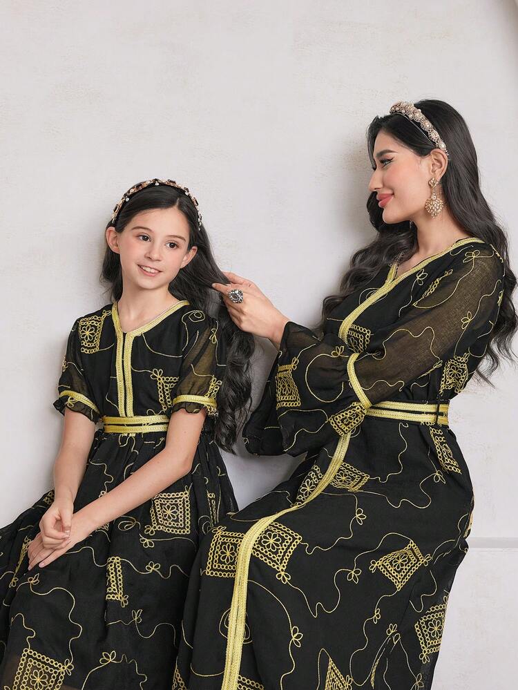 Ladies' Gold Ribbon Splicing Ruffle Sleeve Arabian Dress