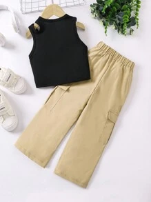 SHEIN 年輕女孩夏季時尚貨物風格2件/套服裝 - 卡其色 - 查看 2