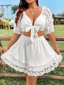 Flirla Plus Size Lace Raglan Sleeve Tie Front Jacquard Cropped Top And Skirt Set
