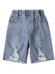 2024 Summer New Arrival Tween Boys' Denim Capri Pants, Distressed Design, Lightweight Style
